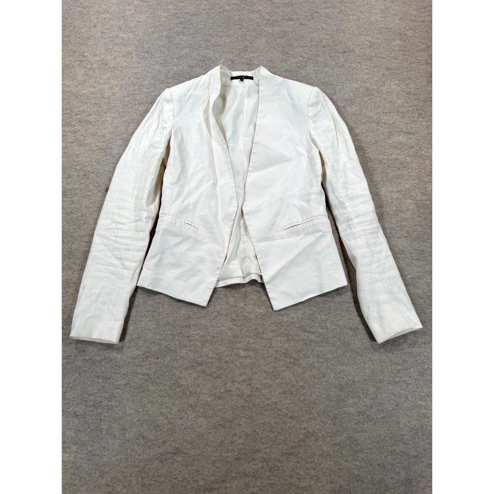 Theory Blazer Jacket Womens 0 White Stretch Linen Collarless Open Front Business